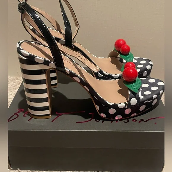 Betsey Johnson Black & White Polka Dot Platforms with Red Cherry Accent - Picture 2 of 6